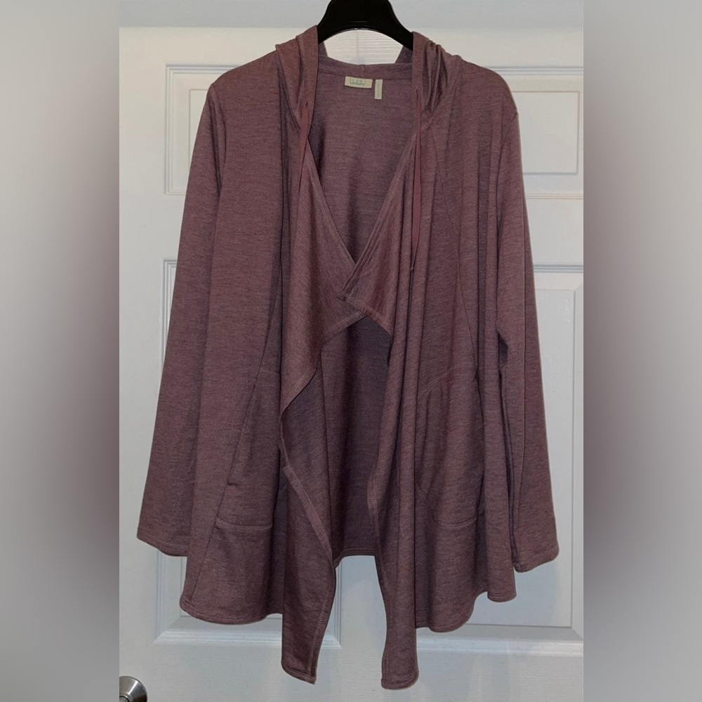 Lori Goldstein LOGO Hooded Lounge Open Front Cardigan/Cover-Up With Pock…
